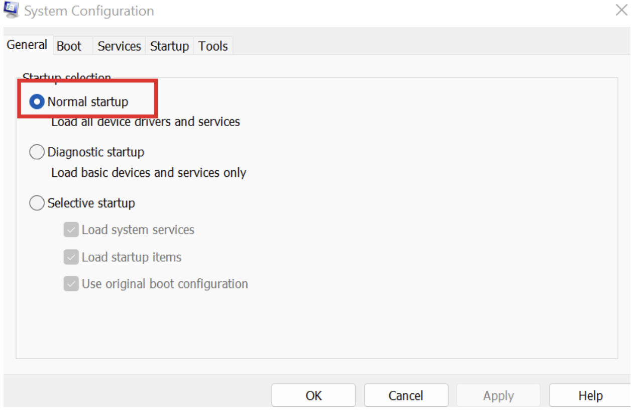Proceed to the General tab, and there select Normal startup